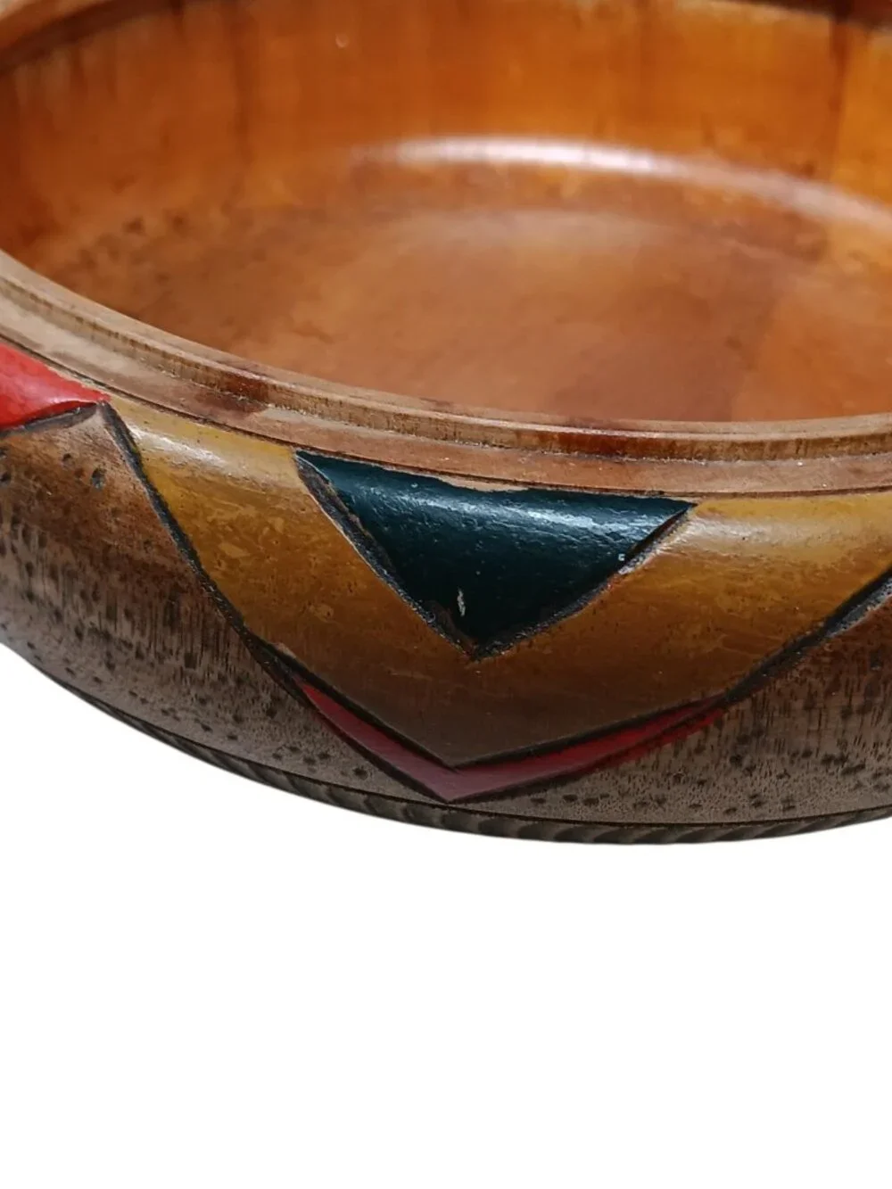 Primitive Ethnic Hand Carved Hand Painted Wooden Bowl Geometric Triangular 6.5
